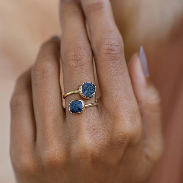 Raw Sapphire Adjustable Ring – 14k Gold Open Wrap Ring with Two Natural Blue Gemstones – September Birthstone Jewelry, Sapphire Ring Gift