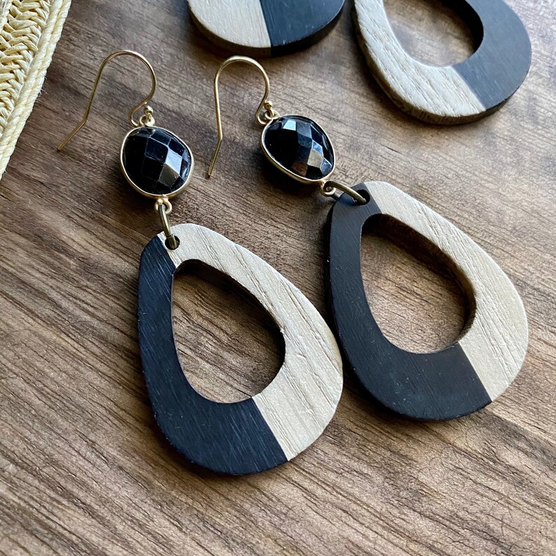 Lightweight Statement Earrings Wood Dangle Earrings Black Stone Earrings