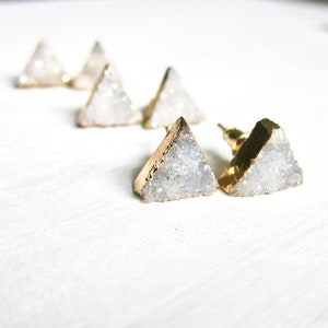Triangle Stud Earrings, Geometric Post Earrings, Druzy Earrings, Geode Agate Jewelry, White Gray Crystal Earrings, Raw Stone Stud Earrings image 4