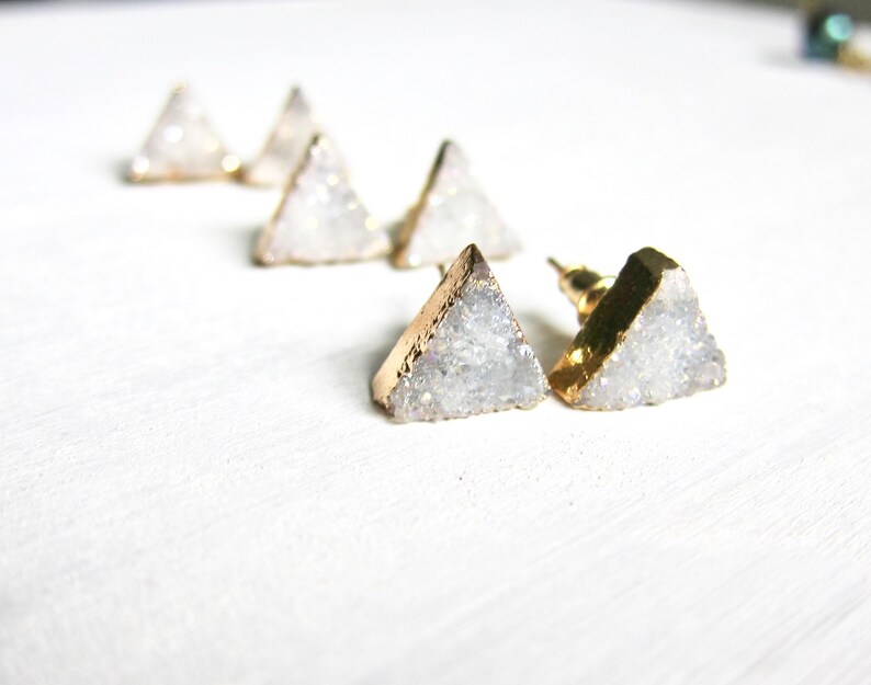 Triangle Stud Earrings, Geometric Post Earrings, Druzy Earrings, Geode Agate Jewelry, White Gray Crystal Earrings, Raw Stone Stud Earrings image 4