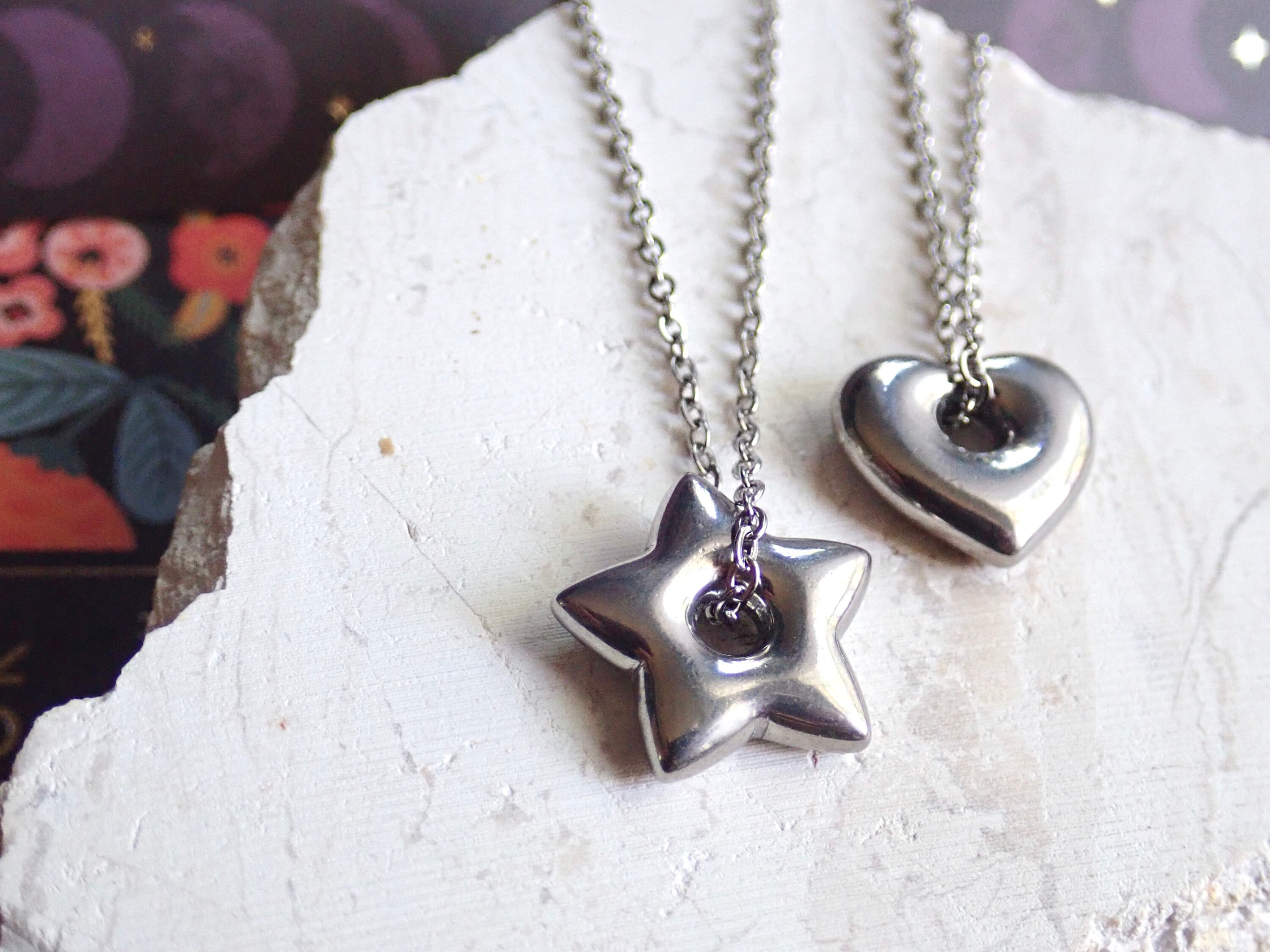Star Necklace Silver, WATERPROOF Puffy Heart Necklace