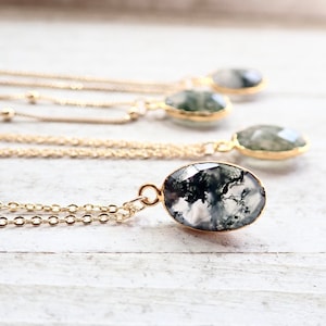 Moss Agate Necklace 18k Gold Fill, Moss Agate Jewelry, Dainty Oval Gemstone Pendant Necklace, Layering Necklace, Gold Edge Gemstone Gift