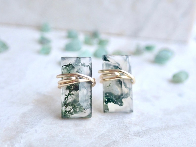 Moss Agate Gemstone Stud Earrings, Sterling Silver or Gold Filled, Minimal Bar Earring,Faceted Wire Wrapped Baguette Post,Moss Agate Jewelry 14k GOLD FILLED