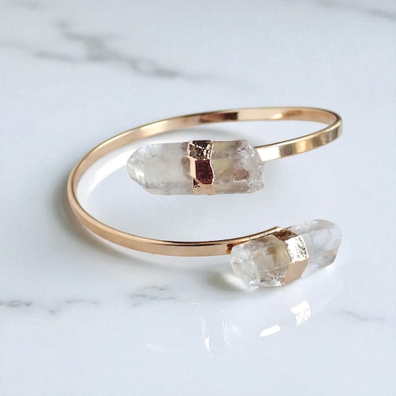 Raw Quartz Point Cuff Bracelet, Double Crystal Bracelet, 14k Gold Open Bangle,Minimalist Adjustable Gemstone Open Cuff,Boho Crystal Bracelet