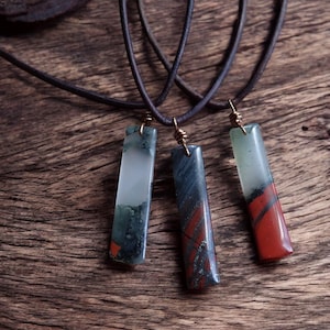 Men's Bloodstone Necklace – Rugged Boho Gemstone Pendant on Brown Leather Cord – Polished Rectangular Stone – Healing Jewelry For Him