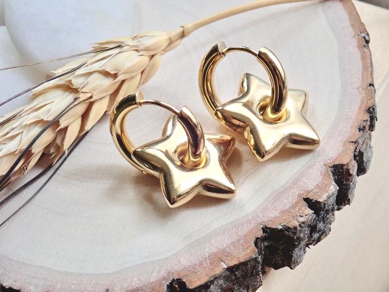 Gold Star Earrings, Gold Charm Hoops, Gold Dangle Hoops, Puffy Balloon Star Earrings, WATERPROOF Jewelry, Non Tarnish PVD Stainless Steel image 1