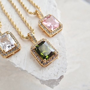 Gemstone Pendant Necklace, Chunky Crystal Necklace, WATERPROOF Jewelry, Green Pink Crystal Necklace,No Tarnish PVD Stainless Steel,Wife Gift image 4