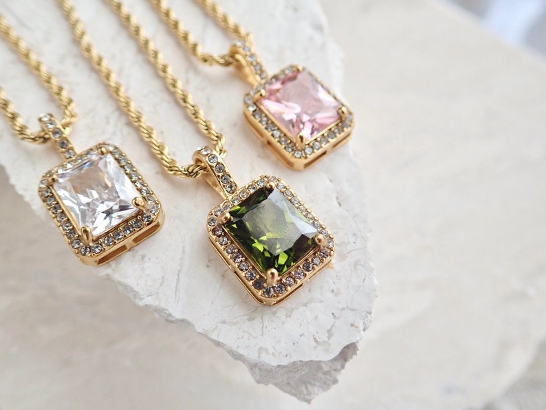 Gemstone Pendant Necklace, Chunky Crystal Necklace, WATERPROOF Jewelry, Green Pink Crystal Necklace,No Tarnish PVD Stainless Steel,Wife Gift image 4