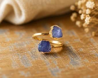 Raw Tanzanite Open Wrap Ring – Adjustable Gold Ring with Double Blue Gemstones – December Birthstone Jewelry, Natural Tanzanite Jewelry Gift