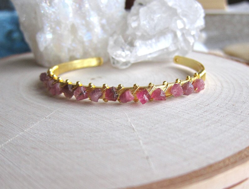 Dainty Gemstone Cuff Bracelet, Pink Tourmaline Bracelet, Natural Gemstone Bangle, Pink Crystal Bracelet, Gift for Gem Lovers, Gift for Girls image 2