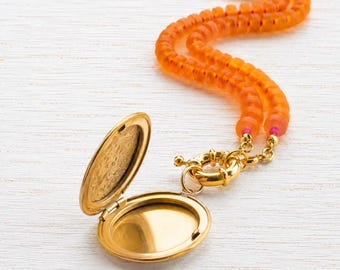 Beaded Gold Locket Necklace, Front Clasp Charm Holder Necklace, Colorful Orange Sea Glass Necklace, Photo Locket Gift for Her