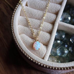 May include: A delicate gold chain necklace with a small, iridescent opal pendant. The necklace is displayed in a velvet jewelry box with compartments.