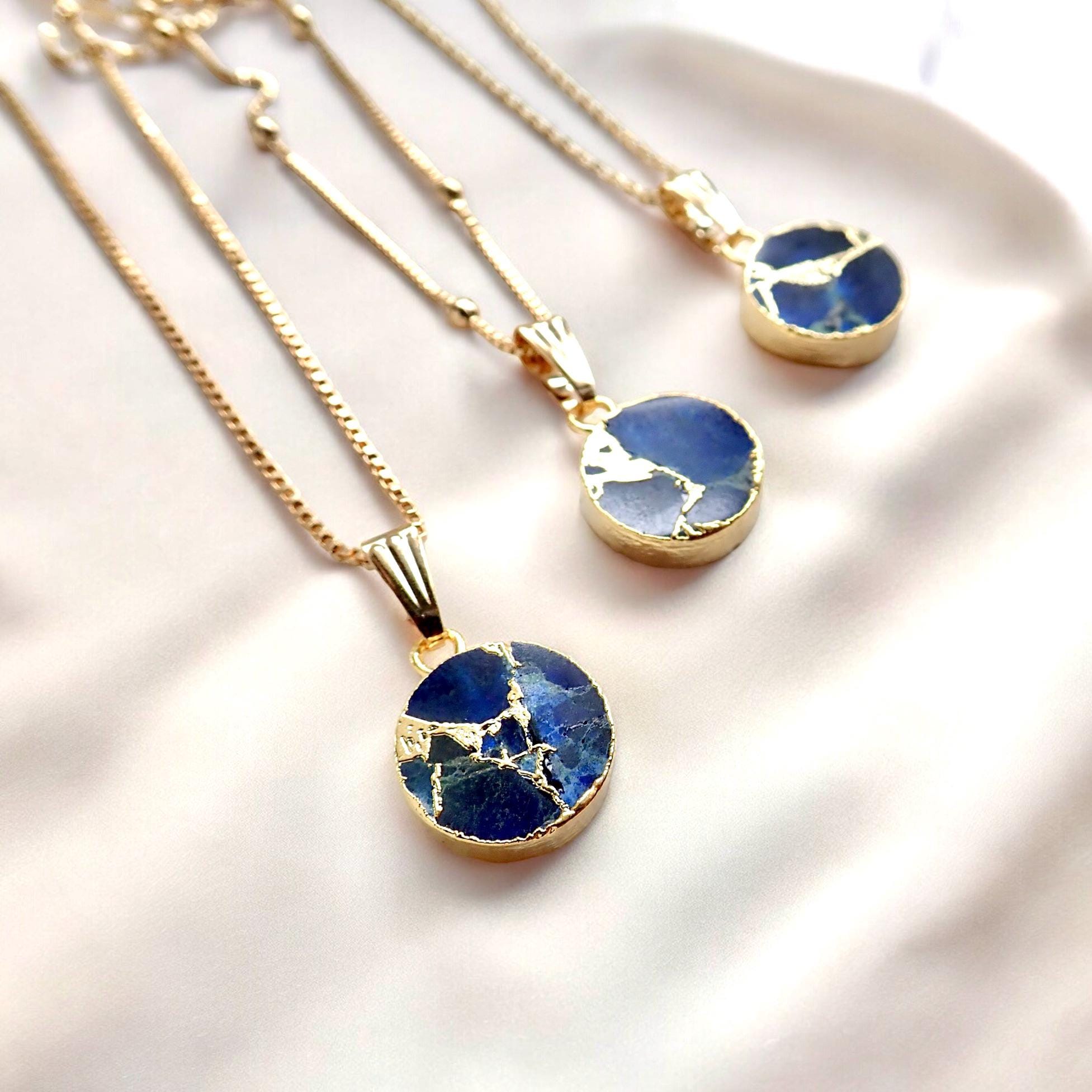 Sapphire Necklace Gold, Blue Crystal Coin Pendant, Mojave Gemstone Necklace, May Birthstone Gift for Her, Dainty Minimalist Jewelry