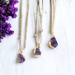 Dainty Raw Amethyst Necklace, Tiny Gemstone Pendant Necklace, Amethyst Jewelry, Gold Edge Gemstone,Gold Fill Chain Necklace,Birthstone Charm image 1