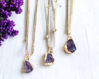 Dainty Raw Amethyst Necklace, Tiny Gemstone Pendant Necklace, Amethyst Jewelry, Gold Edge Gemstone,Gold Fill Chain Necklace,Birthstone Charm