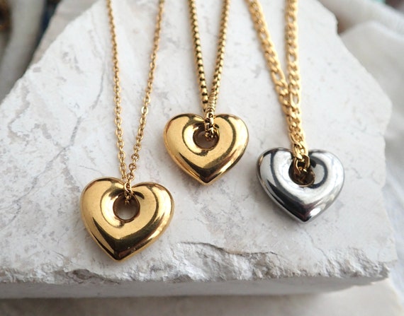 Heart Necklace Puffy Heart Necklace Bubble Heart Jewelry 18K