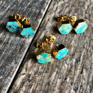 Turquoise Studs Earrings, Turquoise Earrings, Turquoise Jewelry, Raw STone Earrings, Dainty Turquoise Earrings, Genuine Turquoise Hexagons image 8
