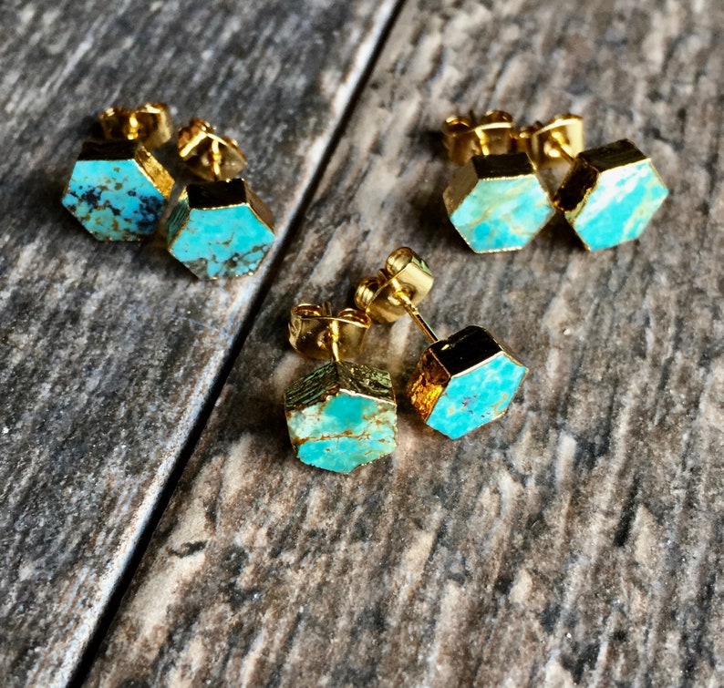 Turquoise Studs Earrings, Turquoise Earrings, Turquoise Jewelry, Raw STone Earrings, Dainty Turquoise Earrings, Genuine Turquoise Hexagons image 8