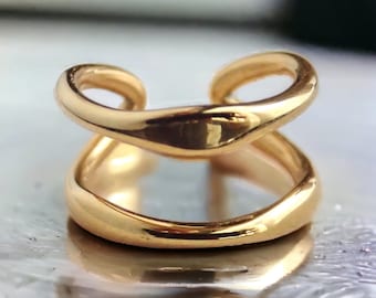 Anel dourado com faixa fina e grossa, joia minimalista à prova d'água, anel marcante em ouro, anel empilhável que não mancha, anel de aço inoxidável, anel de faixa dupla