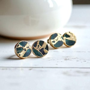 Emerald Green Mojave Turquoise Stud Earrings | Dyed Jade Kintsugi Style Gemstone Earrings,Minimalist Boho Post Earrings,Round Gemstone Studs