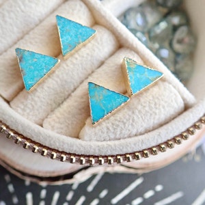 Turquoise Studs Earrings, Triangle Raw Gemstone Earrings, Minimalist Jewelry, December Birthstone, Gold Raw Stone Earrings, Dainty Turquoise image 3