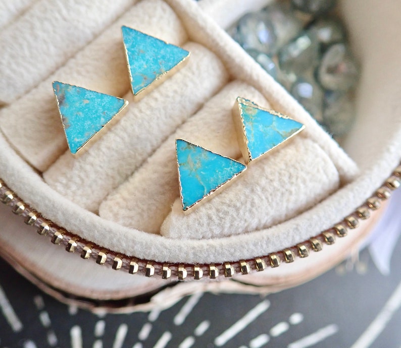 Turquoise Studs Earrings, Triangle Raw Gemstone Earrings, Minimalist Jewelry, December Birthstone, Gold Raw Stone Earrings, Dainty Turquoise image 3