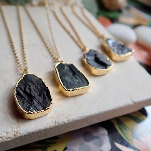 Black Tourmaline Necklace, Black Gemstone Pendant, Handmade Jewelry, Gold Edge Gemstone Necklace, Gift for Girlfriend, Tourmaline Jewelry