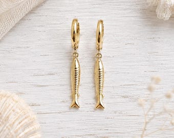 Gold Fill Sardine Hoop Earrings, Fish Dangle Earrings, Huggie Hoop Fish Charm Earrings, Coastal Jewelry, Beach Earrings
