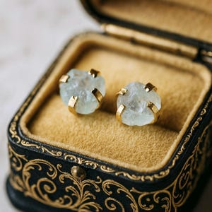 Raw Aquamarine Stud Earrings • Natural Gemstone Earrings, 14k Gold Studs, March Birthstone, Raw Crystal Jewelry, Minimalist Gift for Her