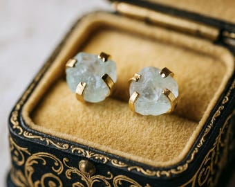 Raw Aquamarine Stud Earrings • Natural Gemstone Earrings, 14k Gold Studs, March Birthstone, Raw Crystal Jewelry, Minimalist Gift for Her