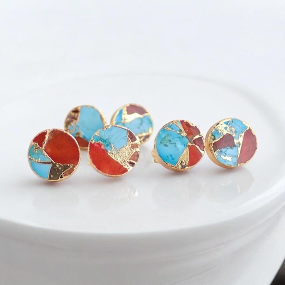 Mojave Oyster Turquoise Stud Earrings Gold, December Birthstone Gift for Her, Round Minimalist Boho Post Earrings, Turquoise Jewelry