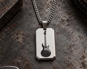 Mens Guitar Necklace, Electric Guitar Pendant, Guitarist Gift, Musician Gift for Him, Laser Engraved Stainless Steel , Rock Music Jewelry