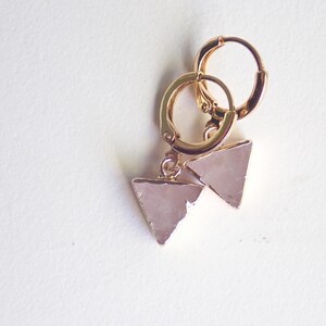 Rose Quartz Hoop Earrings, Geometric Gemstone Gold Hoop Earrings, Triangle Charm Hoops, Pink Crystal Earrings, Minimalist Gift for Her Thicker Click Hoops
