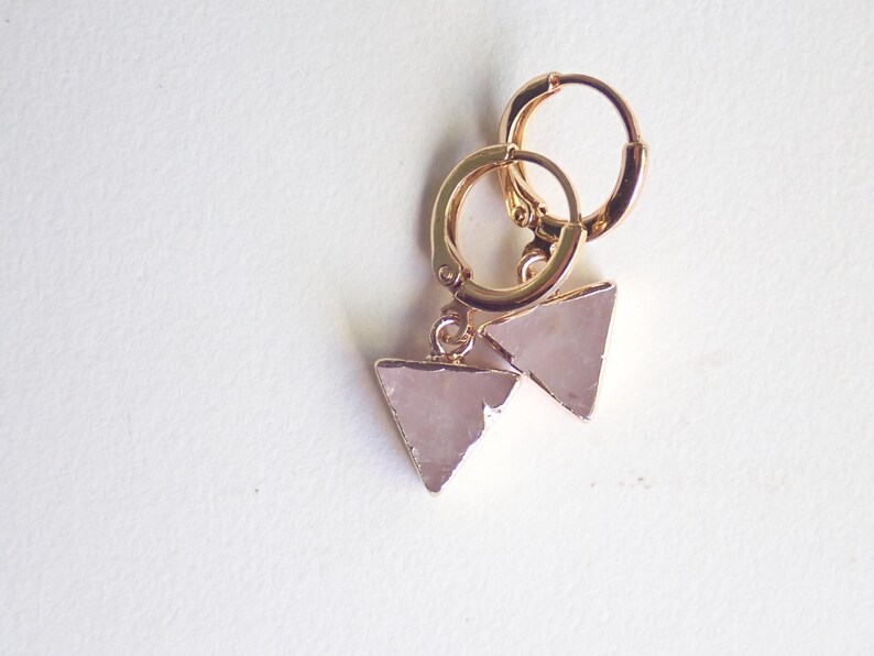 Rose Quartz Hoop Earrings, Geometric Gemstone Gold Hoop Earrings, Triangle Charm Hoops, Pink Crystal Earrings, Minimalist Gift for Her Thicker Click Hoops