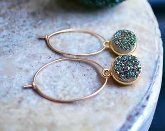 Druzy Earrings,Gemstone Hoop Earrings, Gold Hoops with Charm , Rose Gold Blue, Drusy Jewelry, Minimalist Earrings, Birthday Gift  Women