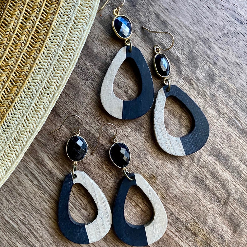 Lightweight Statement Earrings Wood Dangle Earrings Black Stone Earrings