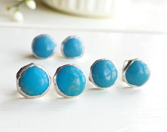 Natural Turquoise Stud Earrings Silver – Raw Gemstone Post Earrings – December Birthstone – Boho Minimalist Gift for Her, Turquoise Jewelry