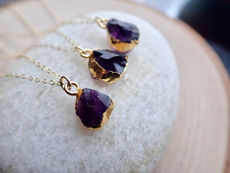 Dainty Raw Amethyst Necklace, Tiny Gemstone Pendant Necklace, Amethyst Jewelry, Gold Edge Gemstone,Gold Fill Chain Necklace,Birthstone Charm image 7