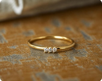 Dainty Stacking Ring, Gold Minimalist Ring, Simple Triple CZ Zirconia Ring, Thin Band Gold Ring, Tiny Delicate Diamond Ring, Gift for Her