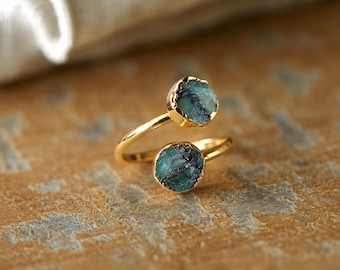 Raw Emerald Open Wrap Ring – Adjustable Gold Ring with Double Green Gemstones – May Birthstone Jewelry, Natural Emerald Jewelry Gift