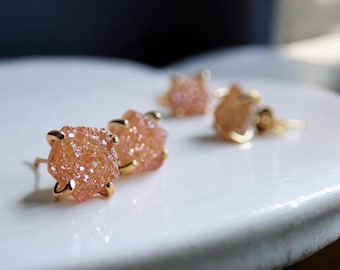Raw Druzy Gemstone Stud Earrings, Sparkling Druzy Crystals in 14k Gold Prong Setting – Minimalist Gemstone Earrings, Gift for Her