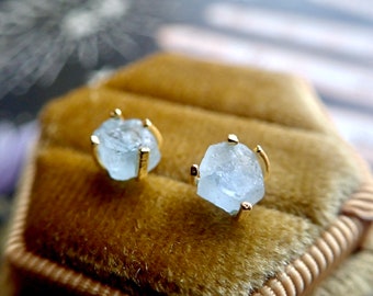 Tiny Aquamarine Birthstone Earrings, Raw Aquamarine Studs, Handmade Birthstone Jewelry, Rough Crystal Earrings, Dainty Gemstone Earrings