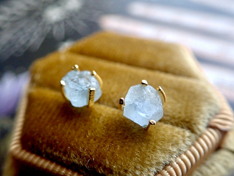 Tiny Aquamarine Birthstone Earrings, Raw Aquamarine Studs, Handmade Birthstone Jewelry, Rough Crystal Earrings, Dainty Gemstone Earrings image 1