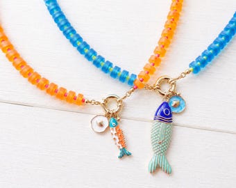 Colorful Beaded Charm Necklace, Sea Glass Candy Necklace, Front Clasp Necklace, Dopamine Necklace, Coastal Fish Pendant, Summer Jewelry