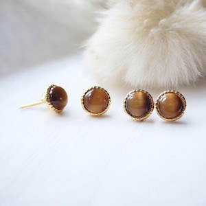 Small Tigers Eye Studs Earrings Gold, Tiger Eye Jewelry, Dainty Round Gemstone Stud Earrings, Dainty Stacking Stone Post Earrings