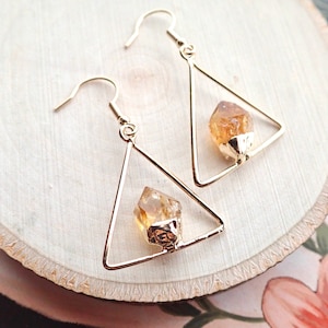 Raw Citrine Dangle Earrings Gold,Natural Gemstone Hanging Earrings, Gift for Scorpios, November Birthstone Jewelry, Triangle Earrings image 5