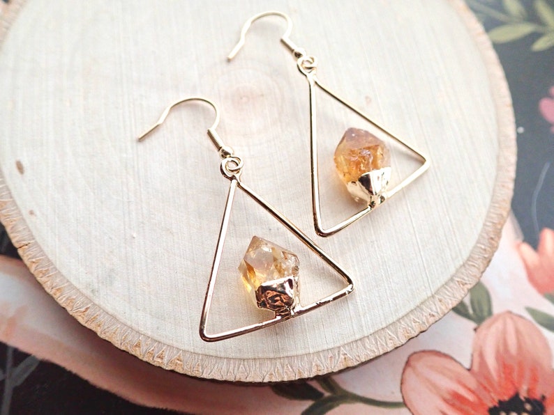 Raw Citrine Dangle Earrings Gold,Natural Gemstone Hanging Earrings, Gift for Scorpios, November Birthstone Jewelry, Triangle Earrings image 5