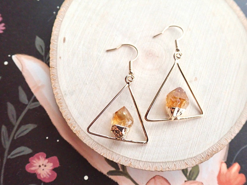 Raw Citrine Dangle Earrings Gold,Natural Gemstone Hanging Earrings, Gift for Scorpios, November Birthstone Jewelry, Triangle Earrings image 6