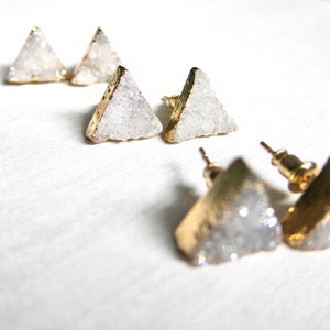 Triangle Stud Earrings, Geometric Post Earrings, Druzy Earrings, Geode Agate Jewelry, White Gray Crystal Earrings, Raw Stone Stud Earrings image 9