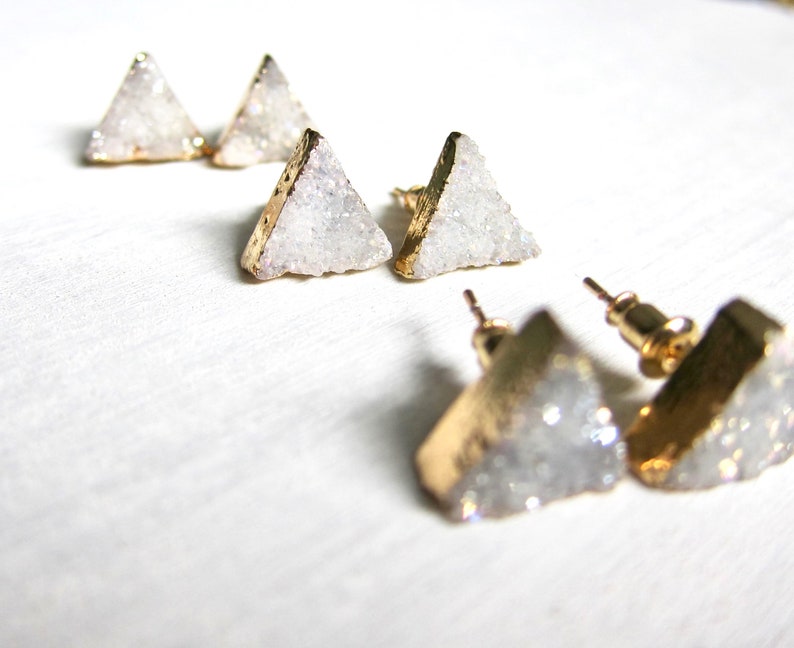 Triangle Stud Earrings, Geometric Post Earrings, Druzy Earrings, Geode Agate Jewelry, White Gray Crystal Earrings, Raw Stone Stud Earrings image 9